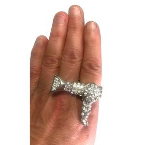 Chunky Silver Tone Rhinestone Hair Dryer Stylist Stretch Ring